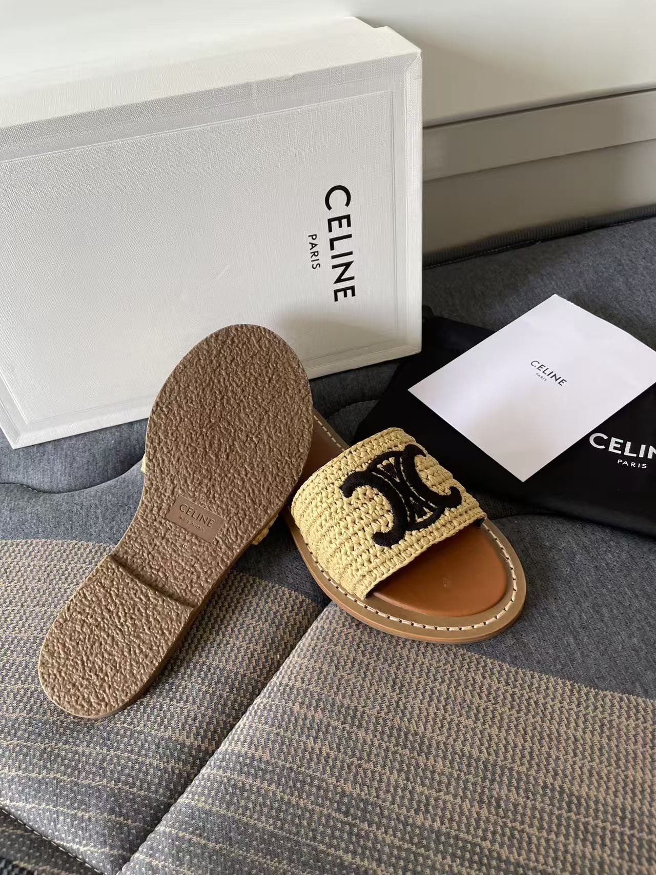Celine Tan Raffia Slide Sandals With Black Logo